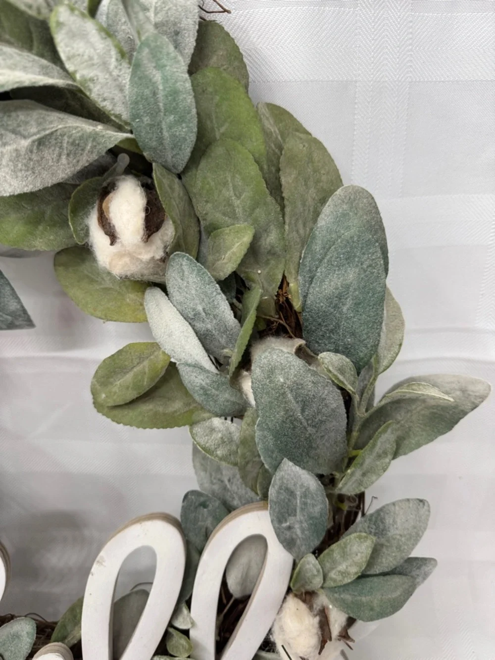 Farmhouse 'Hello' Cotton Greenery Grapevine Wreath w/ Blue Burlap Bow